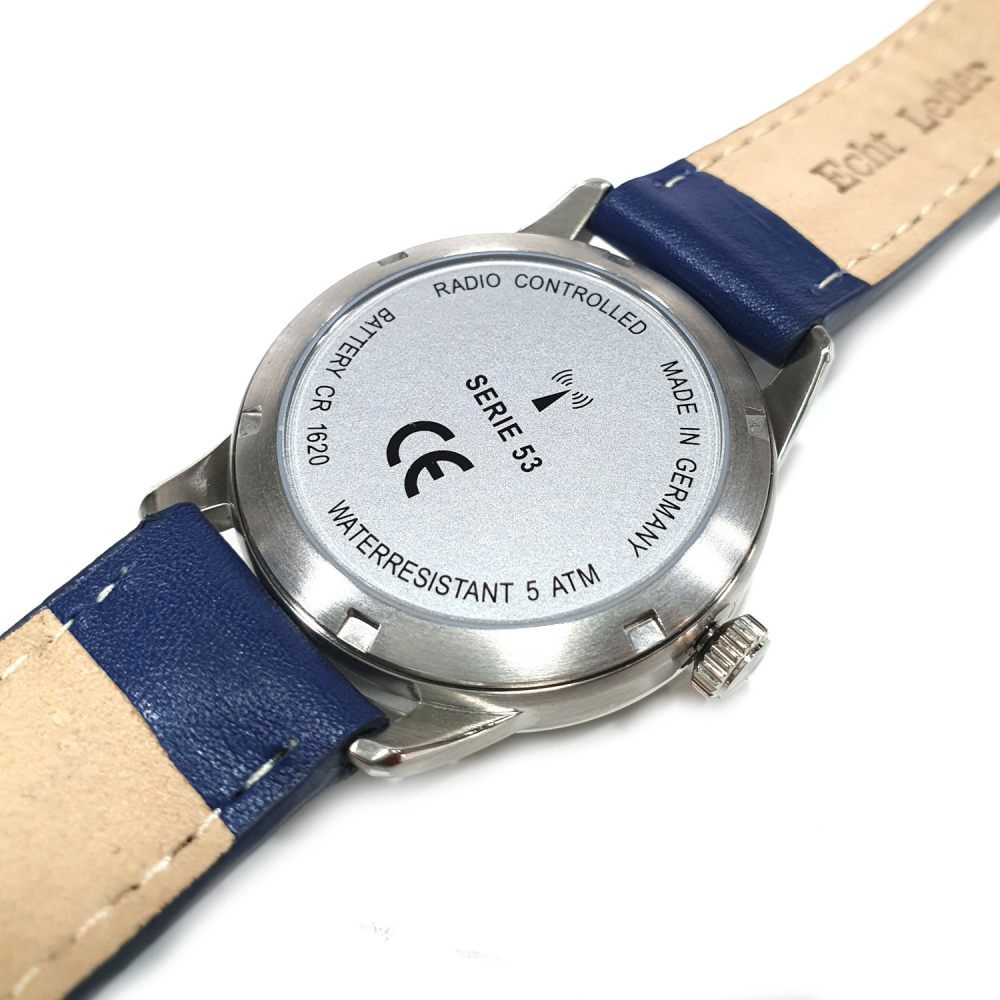 GARDE UMR Ruhla Damen Armbanduhr Funkuhr 122-53A blaues Lederband 35mm