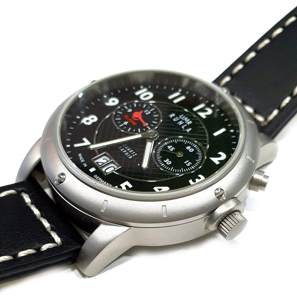 UMR Ruhla Herren Armbanduhr 32105 Alarm, Großdatum, Ronda-Werk Edition