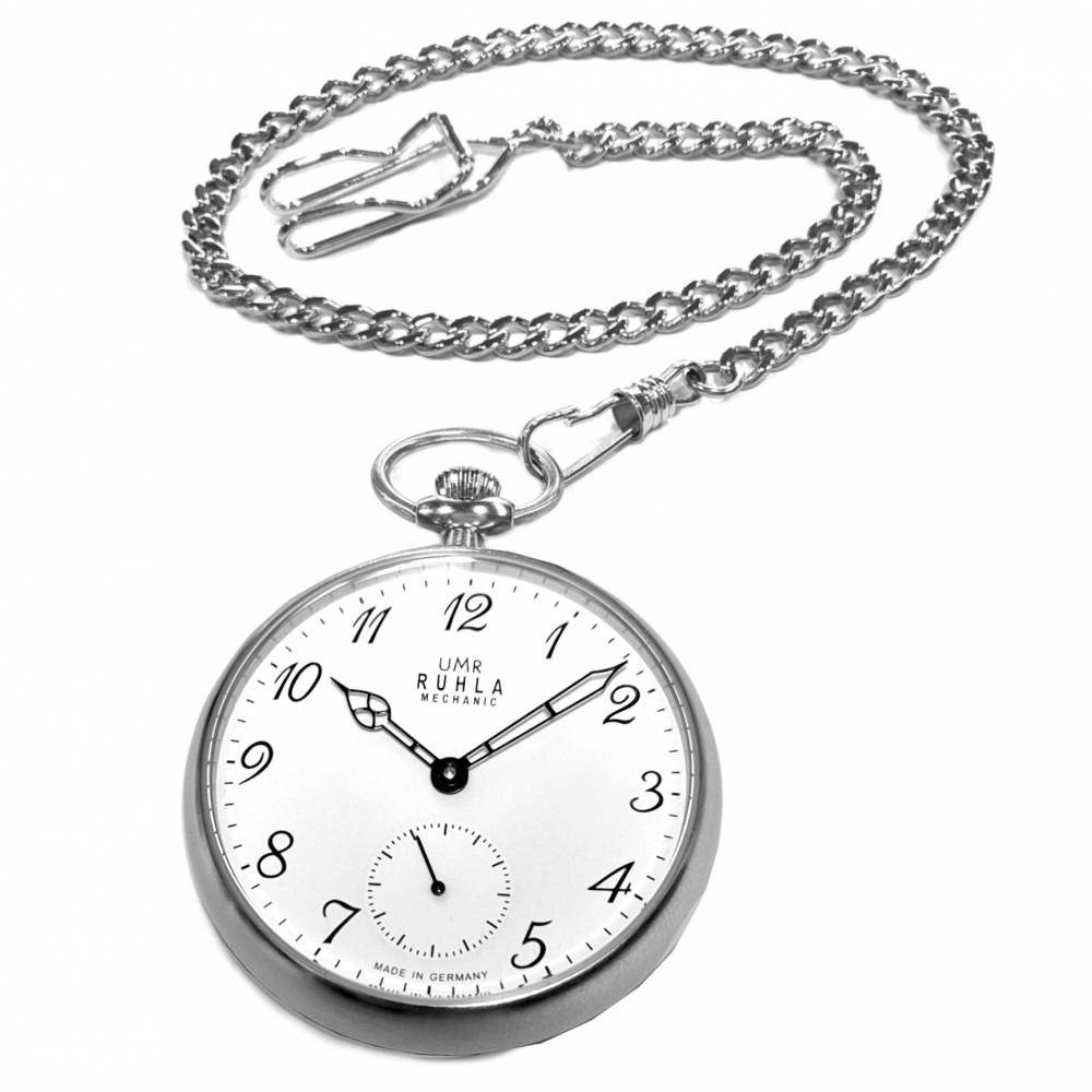 RUHLA 9660 Taschenuhr Handaufzug Glasboden kleine Sekunde mit Kette
