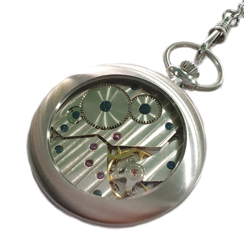 RUHLA 9660 Taschenuhr Handaufzug Glasboden kleine Sekunde mit Kette