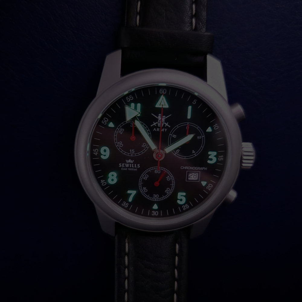 SEWILLS Armbanduhr Chrono Army-Watch ETA-Werk 251.272 Edelstahl, XL-Lederband