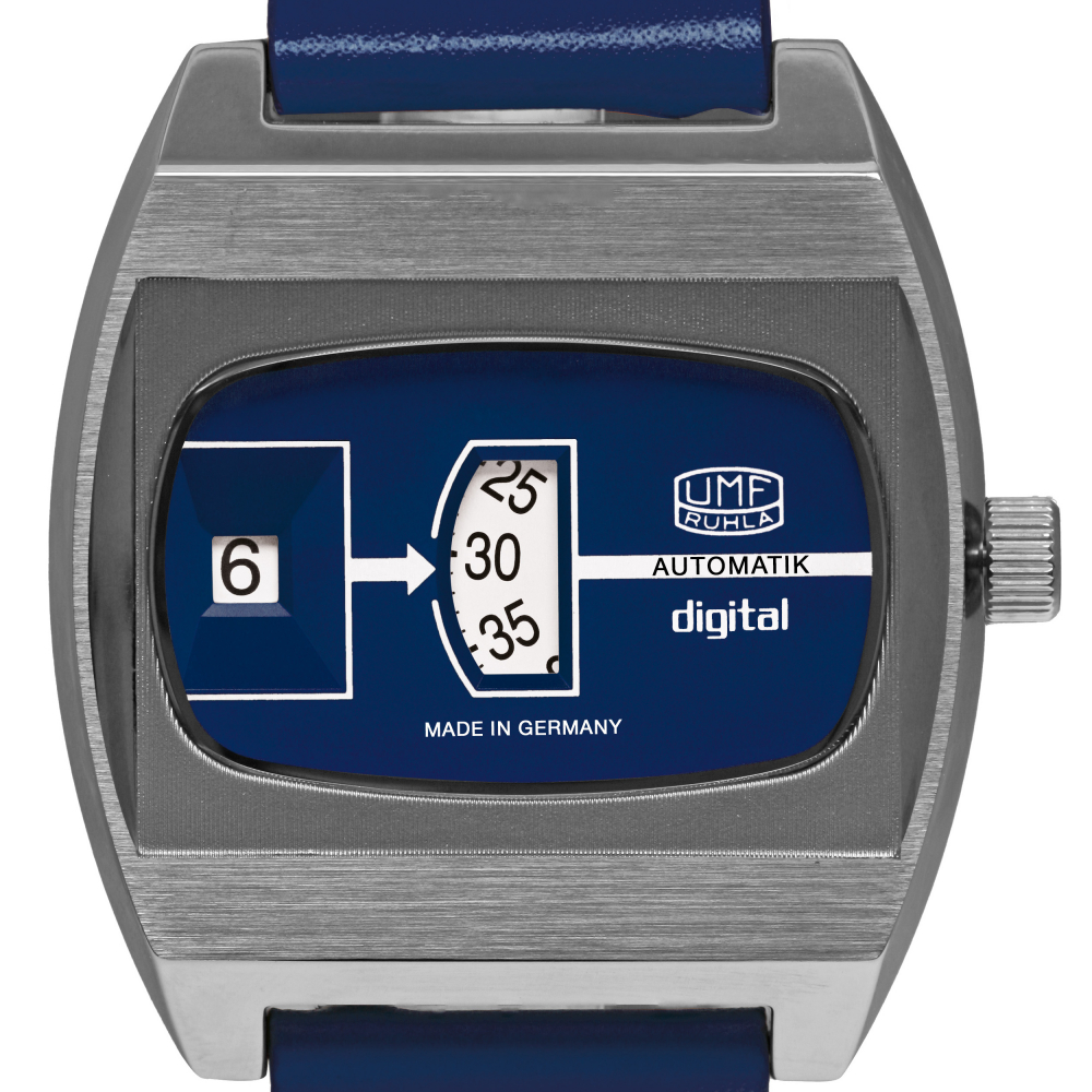UMF Ruhla 1434-3 Armbanduhr Scheibenuhr Automatik, Saphirglas, 41mm, blau