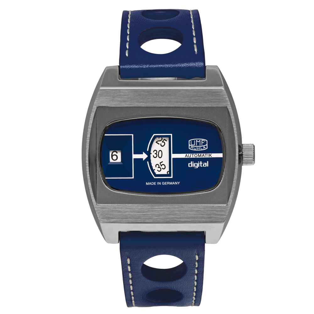 UMF Ruhla 1434-3 Armbanduhr Scheibenuhr Automatik, Saphirglas, 41mm, blau