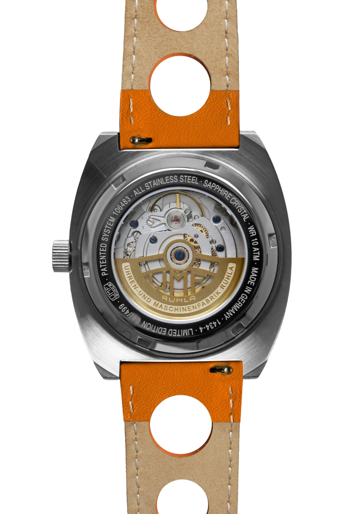 UMF Ruhla 1434-4 Armbanduhr Scheibenuhr Automatik, Saphirglas, 41mm, orange
