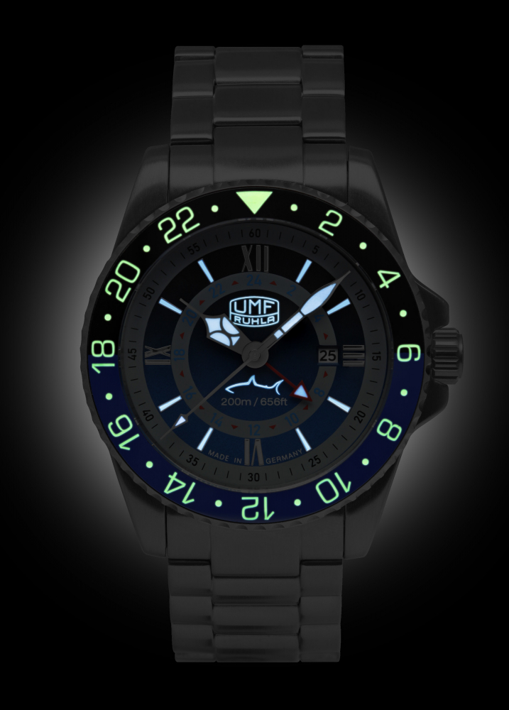 UMF Ruhla GMT Taucher Herren Armbanduhr 1948M-3, Saphirglas, 20 ATM, 43mm