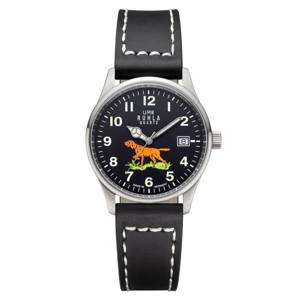 UMR Ruhla Armbanduhr Jagdhund 88101 Ronda-Werk Lederband schwarz, 37mm, 10ATM