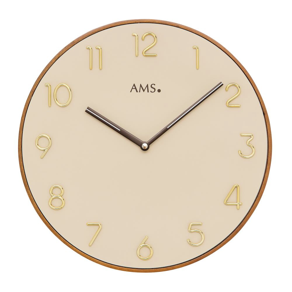 AMS W9563 Wanduhr 33cm Holzrahmen Nussbaumfarben, Zifferblatt beige