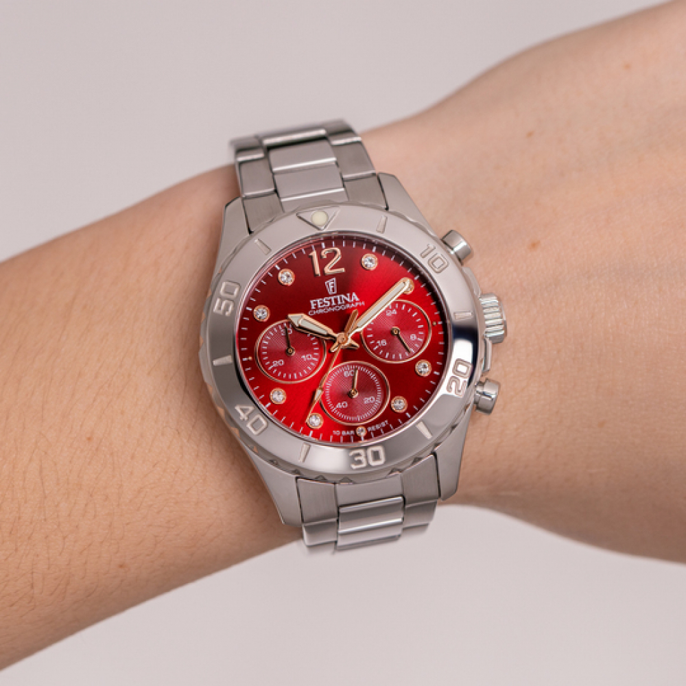FESTINA Damen Uhr Chrono Boyfriend F20603-2 Edelstahl, rot