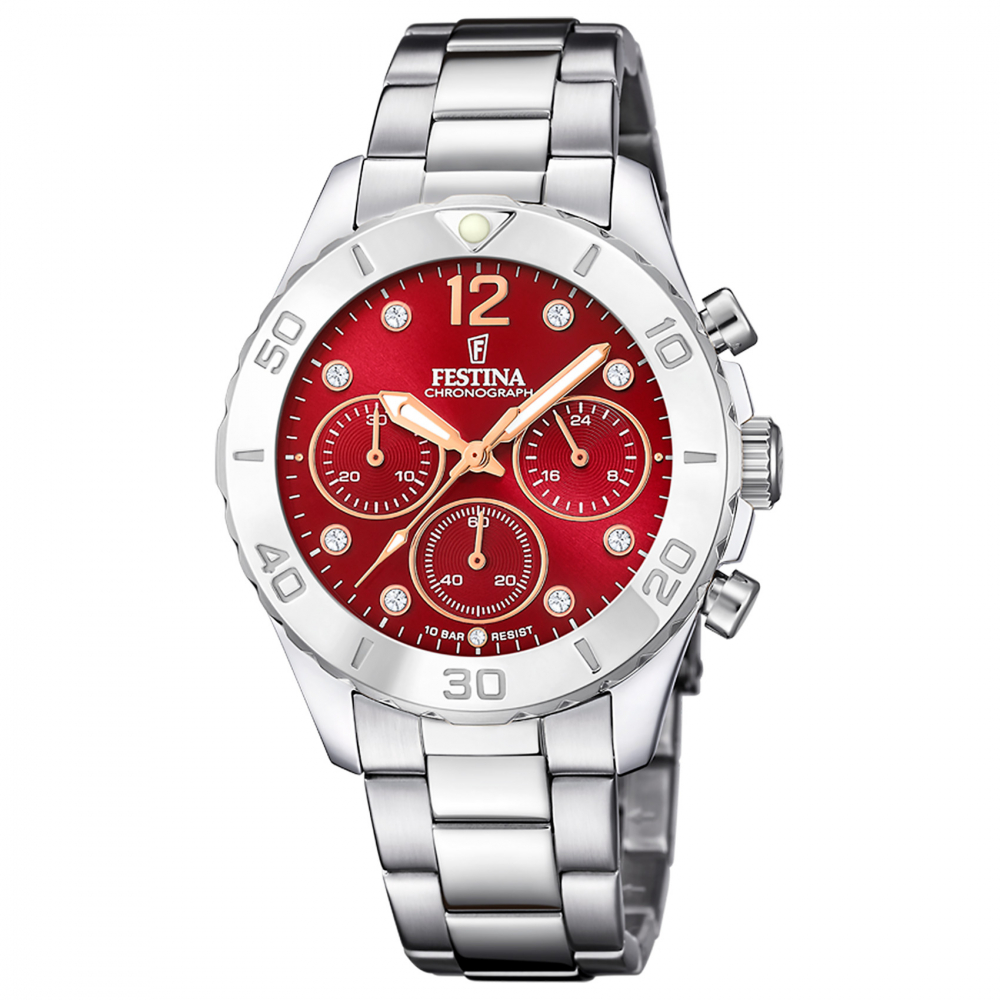 FESTINA Damen Uhr Chrono Boyfriend F20603-2 Edelstahl, rot