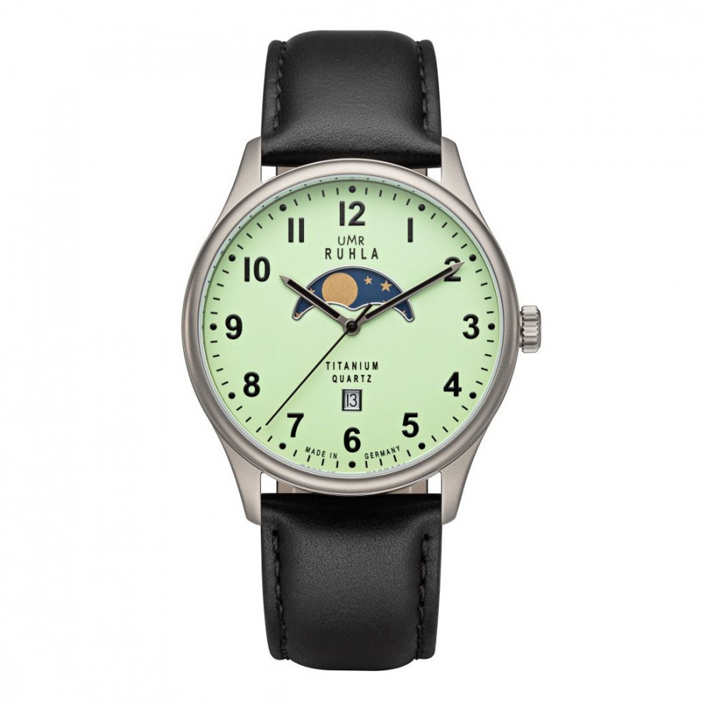 UMR Ruhla Mondphase Herren Armbanduhr Titan 20910 Datum Lederband